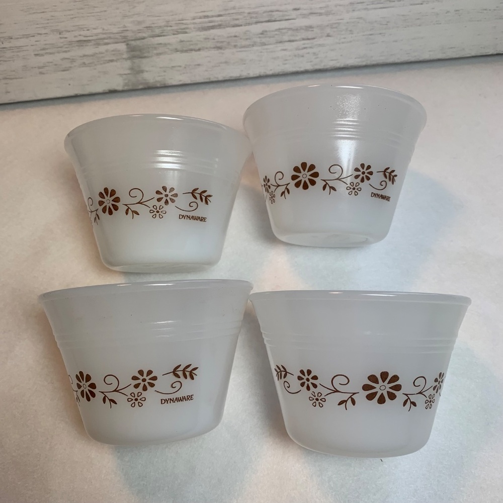 Vintage Milk Glass Custard Cups – Set of 4 –‎ Dynaware Brown Floral